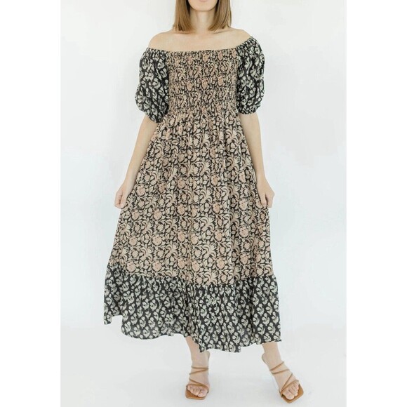 Clara The Label Noah Dress Antique Brass Puff Sleeve Smocked Block Print Maxi S - Picture 1 of 9